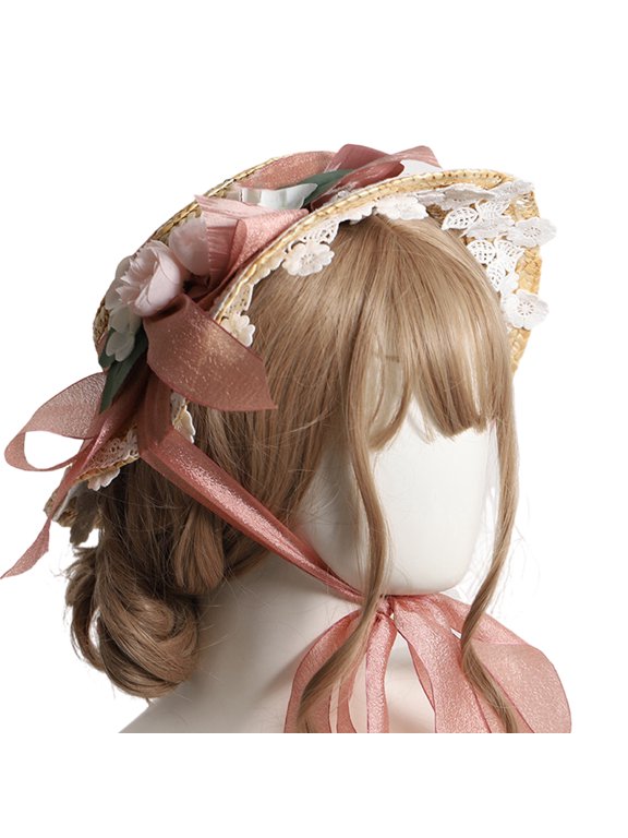 Sweet Flat Bonnet Color Flower Ribbon Straw Hat French Women Girls Pastoral Flat Hat Straw Weaving Hats