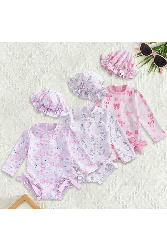 Sweet Floral Bunny Pattern Hooded One Piece Swimsuit Long Sleeve Sun Protection Rash Guard Bathing Suit Girls