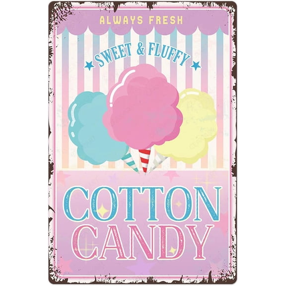 Sweet Fluffy Cotton Candy Metal Tin Sign Retro Printed Poster Decorative Wall Art Colorful Signage Kitchen Bakery Bar Cafe Sweets Shop Dining Room Home Decor Vintage 12x8 Inch Hanging Plaque