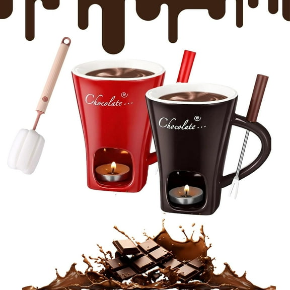 Sweet Fondue ,Chocolate Mug Set, Mini Ceramic Melting With Forks,Brush And Candle For Chocolate Cheese Desserts, Date Night Birthday Wedding Gifts (2PCS )