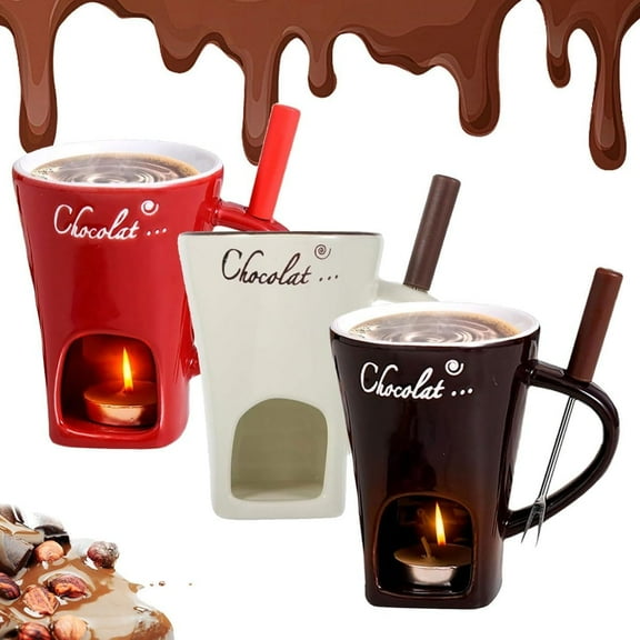 Sweet Fondue Cup, Fondue Cups Tealight, Chocolates Fondues Mug, Ceramic Chocolate Melting Cup, Chocolate Melting Fondues Mugs Set of with Forks for Date Night Birthday Wedding Gifts(All)