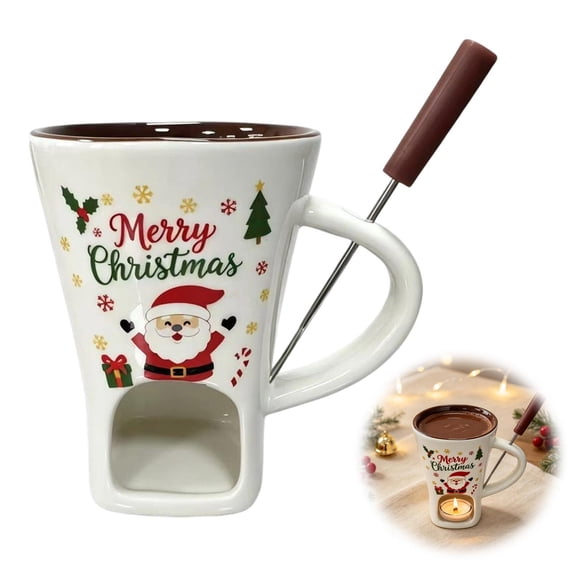 Sweet Fondue Cup with Forks, Tealight Chocolate Fondue Mug, 4.33X4.72" Santa Claus Pattern Ceramic Melting Vessel, Individual Portion Treat Warming Container, for Winter Confection Crafting