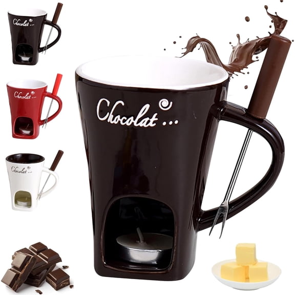 Sweet Fondue Cup Set, Multifunction Chocolate Fondue Mug with Forks and 2 Tealights, Ceramic Chocolate Melting Mug for Birthday Date Night Birthday Wedding