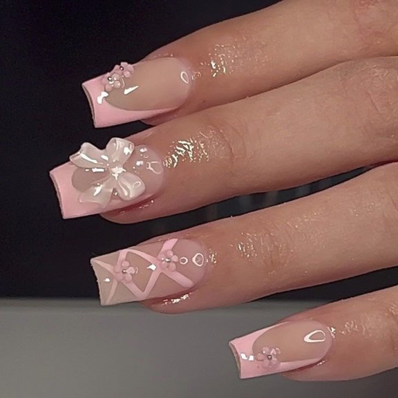 Sweet French pink cross-border explosion, high-end wearing nail art, medium and short nail placement, wearing fake nails