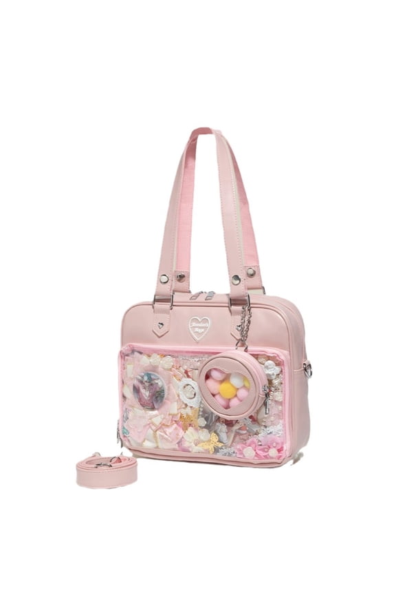 Sweet & Fresh PU Lola Ita Bag for Women, Heart Decor, Clear Display Window, Large Capacity, Handheld Shoulder Crossbody Bag with Mini Pouch & Adjustable Strap (9.8"x2.8"x9.4", 0.88lb)