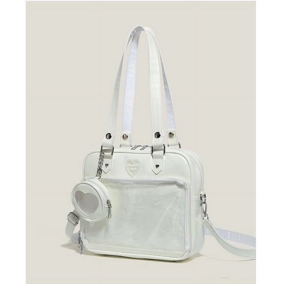 Sweet & Fresh PU Lola Ita Bag for Women, Heart Decor, Clear Display Window, Large Capacity, Handheld Shoulder Crossbody Bag with Mini Pouch & Adjustable Strap (9.8"x2.8"x9.4", 0.88lb)