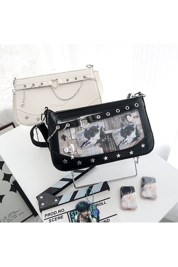Sweet & Fresh PU Small Capacity Ita Bag for Women, Star Rivet Decor, Clear Display Window, Handheld Shoulder Crossbody Bag with Pin Board, Strap & Charms (10.2"x2.8"x5.9", 0.86lb)