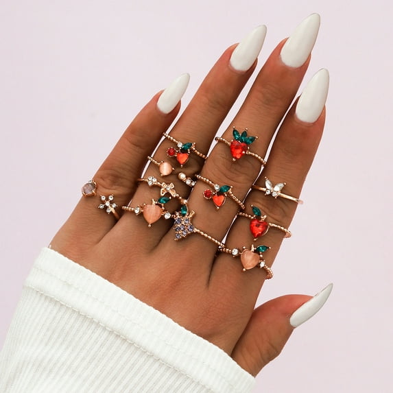 Womens 11 Piece Adjustable Alloy Rings Set Featuring Fun Apple Grape Cherry and Peach Designs Fashion Jewelry Fruit Theme Rings for Women