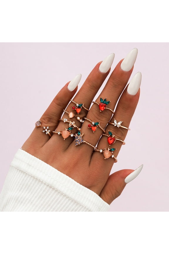 Womens 11 Piece Adjustable Alloy Rings Set Featuring Fun Apple Grape Cherry and Peach Designs Fashion Jewelry Fruit Theme Rings for Women