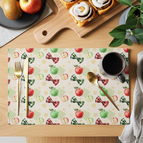 Sweet Fruit Placemats Set of 1, Rustic Red Green Apples Bows Beige Non-Slip Place Mats Washable Table Mats for Kitchen Dining Table Decorations Indoor/Outdoor