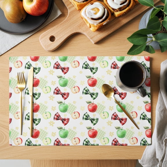 Sweet Fruit Placemats Set of 1, Sunny Red Green Apples Bows White Non-Slip Place Mats Washable Table Mats for Kitchen Dining Table Decorations Indoor/Outdoor