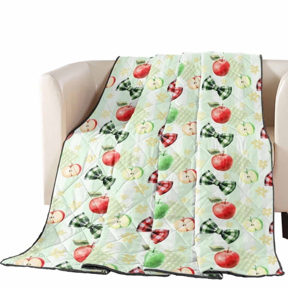 Sweet Fruit Quilted Comforters Cooling Blanket Queen Size, Summer Red Green Apples Bows Cold Comfort for Hot Sleepers Lightweight Air Conditioning Quilt Blanket for Bed