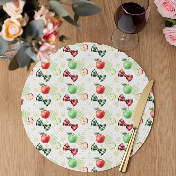 Sweet Fruit Round Braided Placemats Set of 1, Sunny Red Green Apples Bows White Heat Insulation Place Mats Washable Non-Slip Table Mats for Kitchen Dining Party, 13 Inches