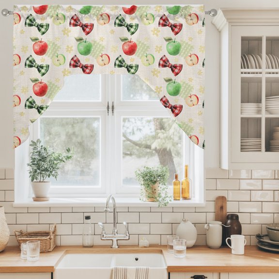 Sweet Fruit Swag Valance for Windows, Rustic Red Green Apples Bows Beige Swag Curtains Valances for Small Window Treatment Rod Pocket for Kitchen Bathroom 1 Panel 56x36in