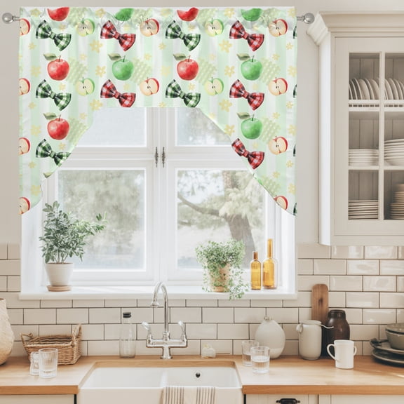 Sweet Fruit Swag Valance for Windows, Summer Red Green Apples Bows Swag Curtains Valances for Small Window Treatment Rod Pocket for Kitchen Bathroom 1 Panel 56x36in
