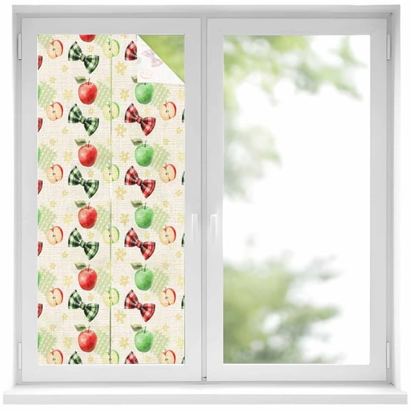 Sweet Fruit Window Privacy Film Rustic Red Green Apples Bows Beige Decorative Glass Window Film UV Blocking Static Cling Non-Adhesive Sticker Covering for Home Door 17.7 x 39.3 inches