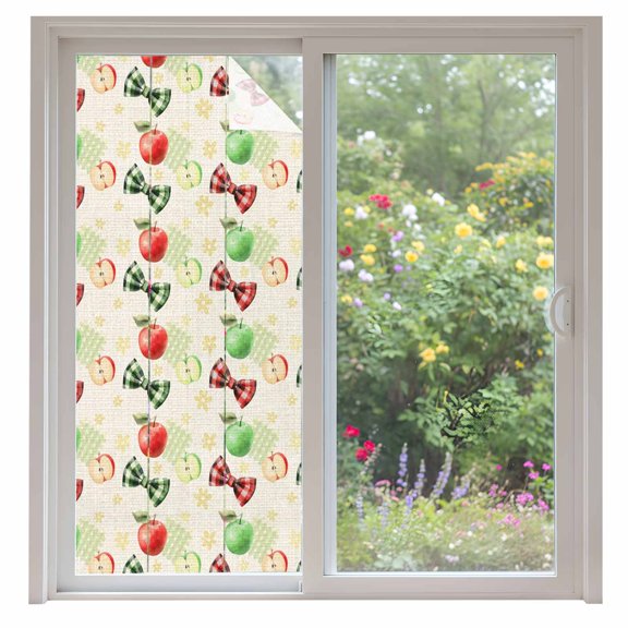 Sweet Fruit Window Privacy Film Rustic Red Green Apples Bows Beige Decorative Glass Window Film UV Blocking Static Cling Non-Adhesive Sticker Covering for Home Door 35.4x78.7 inches