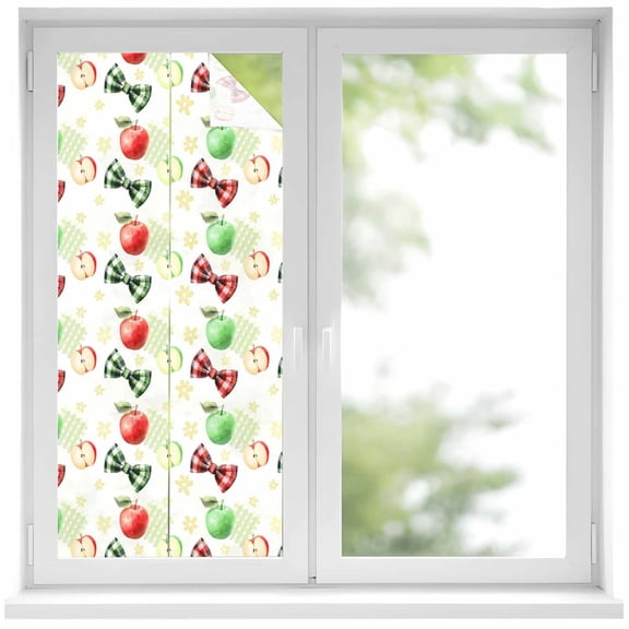 Sweet Fruit Window Privacy Film Sunny Red Green Apples Bows White Decorative Glass Window Film UV Blocking Static Cling Non-Adhesive Sticker Covering for Home Door 19.6 x 39.3 inches