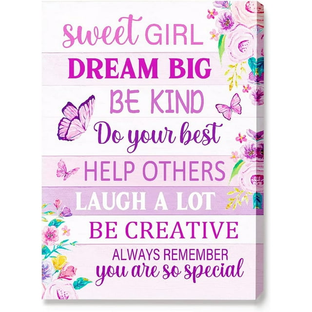 Sweet Girl Dream Big Canvas Wall Art,Pink Butterfly Floral Girl