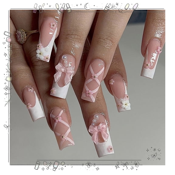 Sweet Glossy Press on Nails Set for Women Girls,White Gradient Long Coffin Fake Nails Acrylic Shine Butterfly Nails for Office Daily Wedding,Full Nail Wrap Gift for Valentine Holiday 24pcs