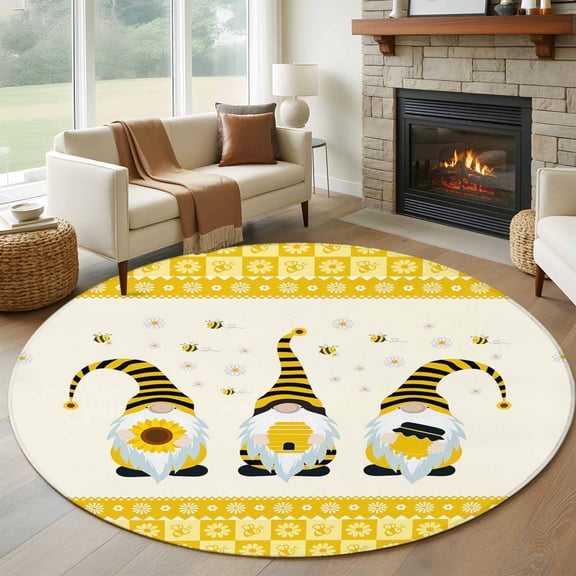 Sweet Gnomes 8FT Round Area Rugs for Living Room Bee Daisy Yellow Plaid Ultra-Thin Non-Slip Round Rugs Machine Washable Low Pile Circle Carpet for Bedroom Kitchen Nursery