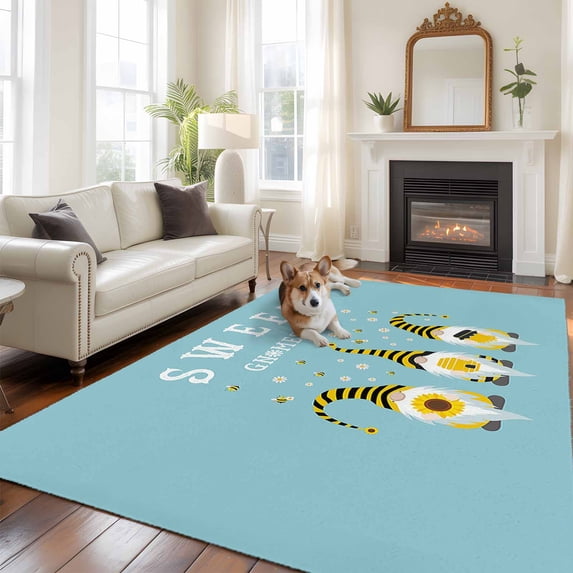 Sweet Gnomes Area Rugs 5x7 ft Bee Dwarf Daisy Duck Green Washable Rug Non Slip Indoor Carpet Absorbent Floor Mat for Living Room Bedroom Dining Room