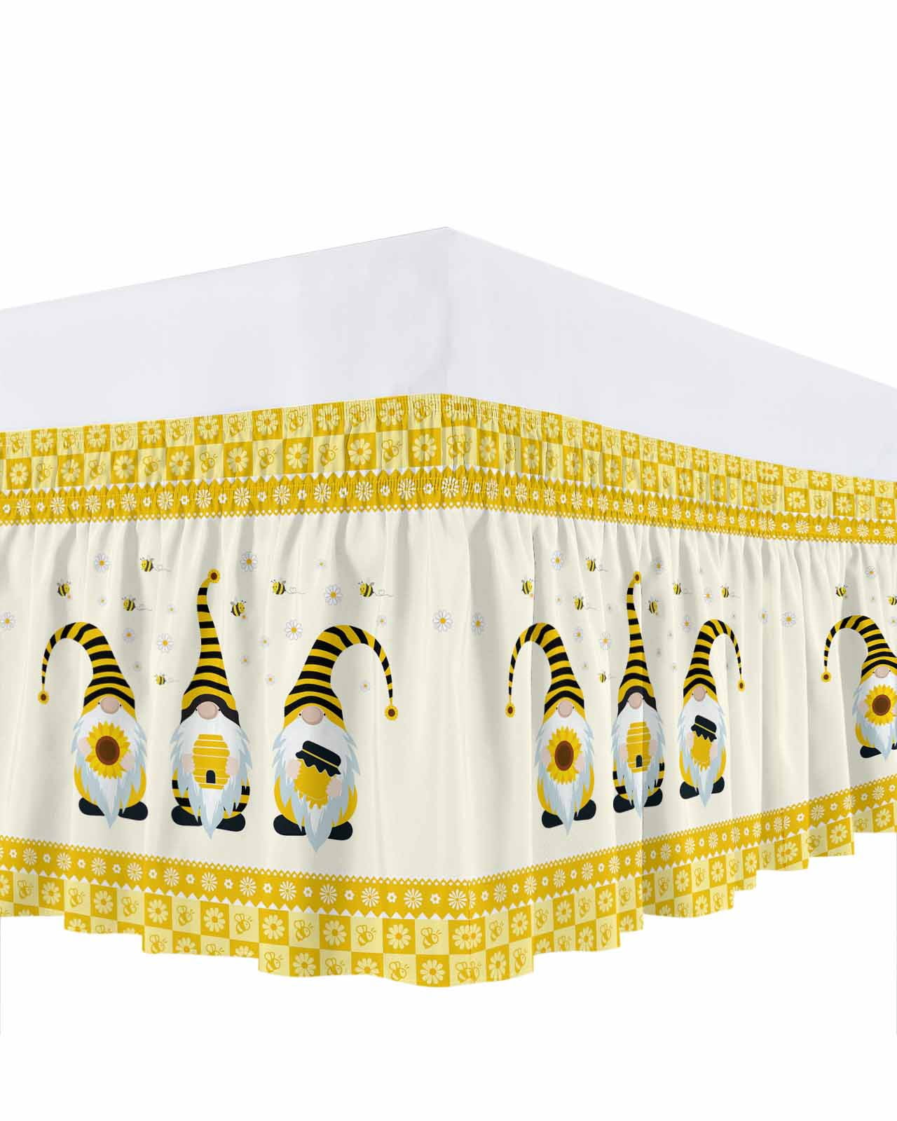 Sweet Gnomes Bed Skirt Bee Daisy Yellow Plaid Bed Skirts Queen Size 18 Inch Drop, Wrap Around Dust Ruffle&nbsp;Bedskirt with Adjustable Elastic Belt for Queen Size Beds