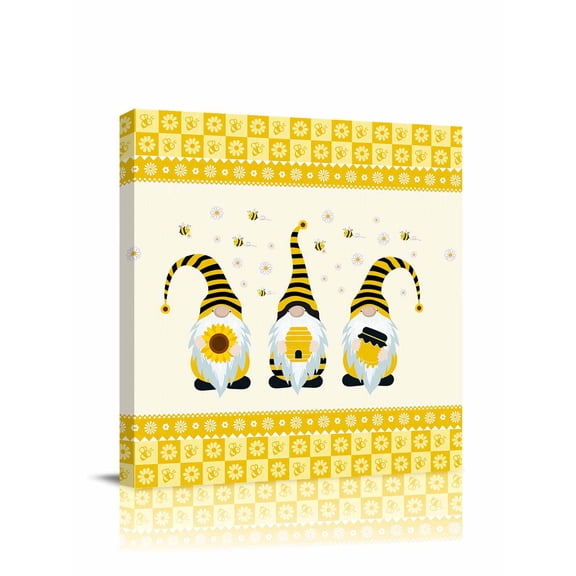Sweet Gnomes Canvas Wall Art, Bee Daisy Yellow Plaid Framed Wall Decor Modern Artwork Prints Painting for Living Room, Bedroom, Kitchen & Cafe Decor 8x8 Inch