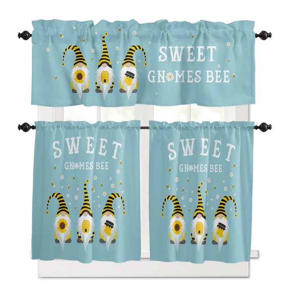Sweet Gnomes Kitchen Curtains Valances and Tiers Set of 3, 24 Inch Length Tier Curtains and Valance Rod Pocket Valance Curtains Set for Kitchen Bathroom Small Windows
