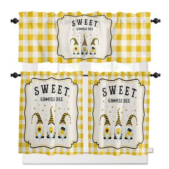 Sweet Gnomes Kitchen Curtains Valances and Tiers Set of 3, 24 Inch Length Tier Curtains and Valance Rod Pocket Valance Curtains Set for Kitchen Bathroom Small Windows
