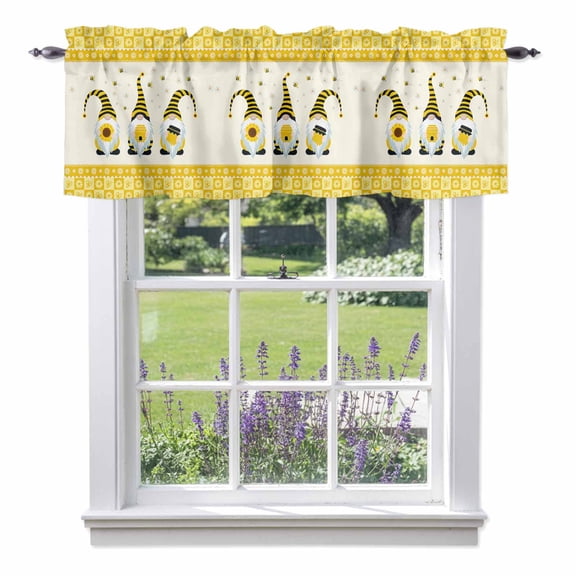 Sweet Gnomes Valances for Windows, Bee Daisy Yellow Plaid Valance Window Treatment Rod Pocket Short Curtains Valances for Kitchen Bathroom 54"W x 18"L
