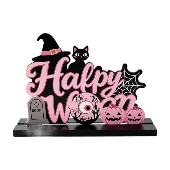 Sweet Gothic Pink Halloween Centerpiece Decor, Multi-Element Combined Wood Table Sign for Fall Coffee Mantel Farmhouse Holiday Gift