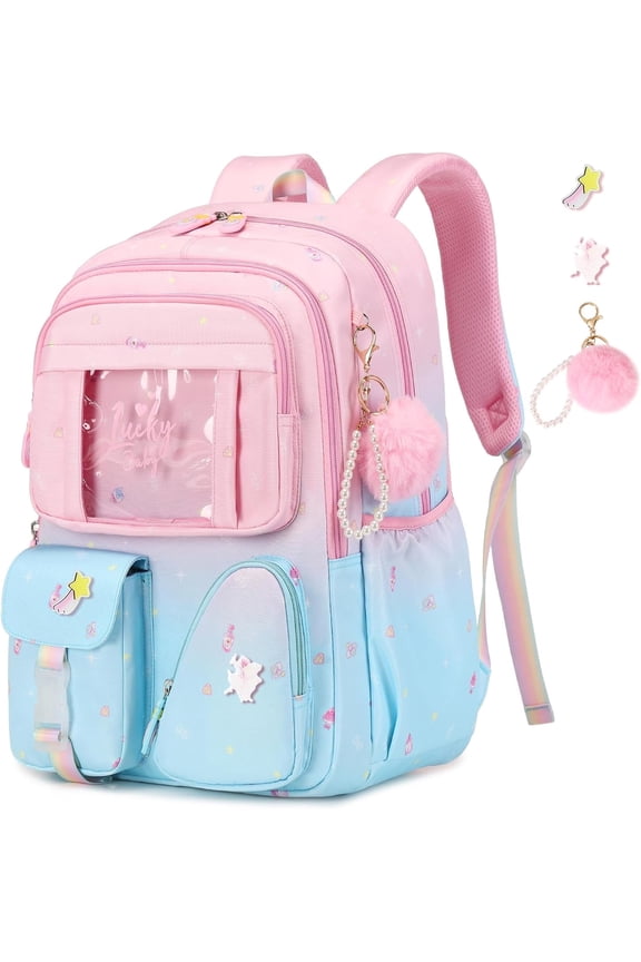 Sweet Gradient Color School Backpack, Kawaii Backpack Bookbag, Elementary Middle Schoolbag, Pink/Blue