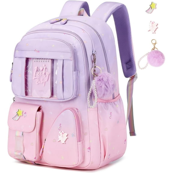 Sweet Gradient Color School Backpack, Kawaii Backpack Bookbag, Elementary Middle Schoolbag ，Purple/Pink