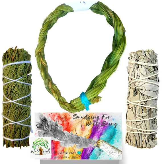 Sweet Grass Braided 12 & Smudging Sticks Organic White Sage Smudge Bundle, Cedar Smudge Stick