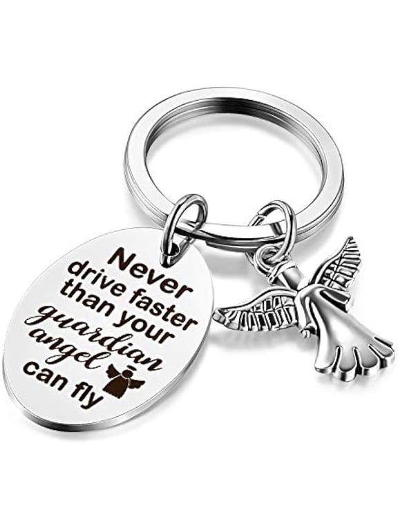 Sweet Guardian Angel Keychain New Driver Key Ring Gift Never Drive Faster Than Your Angel Can Fly Keychain Charm for Women Girls