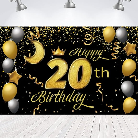 Sweet Happy 20th Birthday Backdrop Banner Poster 20 Birthday Party Decorations 20th Birthday Party Supplies 20th Photo Background(Black Gold)