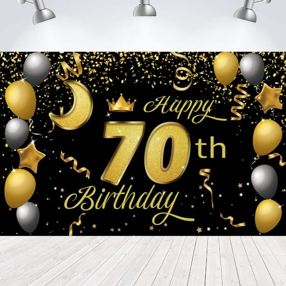 Sweet Happy 70th Birthday Backdrop Banner Poster 70 Birthday Party Decorations 70th Birthday Party Supplies 70th Photo Background(Black Gold)
