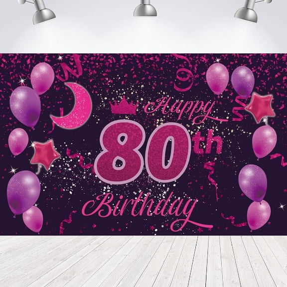 Sweet Happy 80th Birthday Backdrop Banner Poster 80 Birthday Party Decorations 80th Birthday Party Supplies 80th Photo Background(Pink Purple)