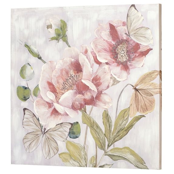 Sweet Harmony Floral Canvas Wall Art Multi Pastel - Butterflies, Floral Blossoms Designs, Handpainted Gel Embellishments, Silver Glitter Accents, Gallery Wrapped - 32 Inches Square