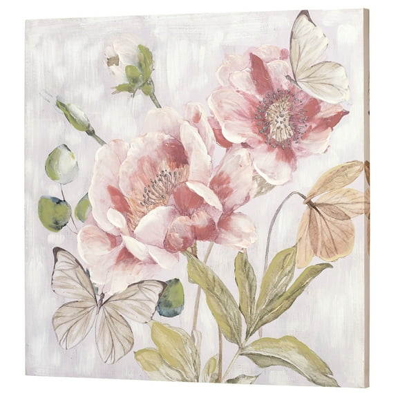 Sweet Harmony Floral Canvas Wall Art Multi Pastel - Butterflies, Floral Blossoms Designs, Handpainted Gel Embellishments, Silver Glitter Accents, Gallery Wrapped - 32 Inches Square
