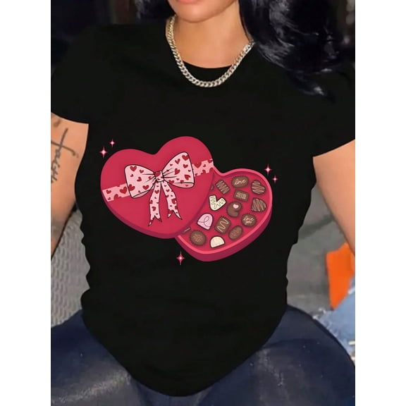 Sweet Heart Box Valentine's Day Chocolate Graphic Women Casual Short Sleeve T-Shirt