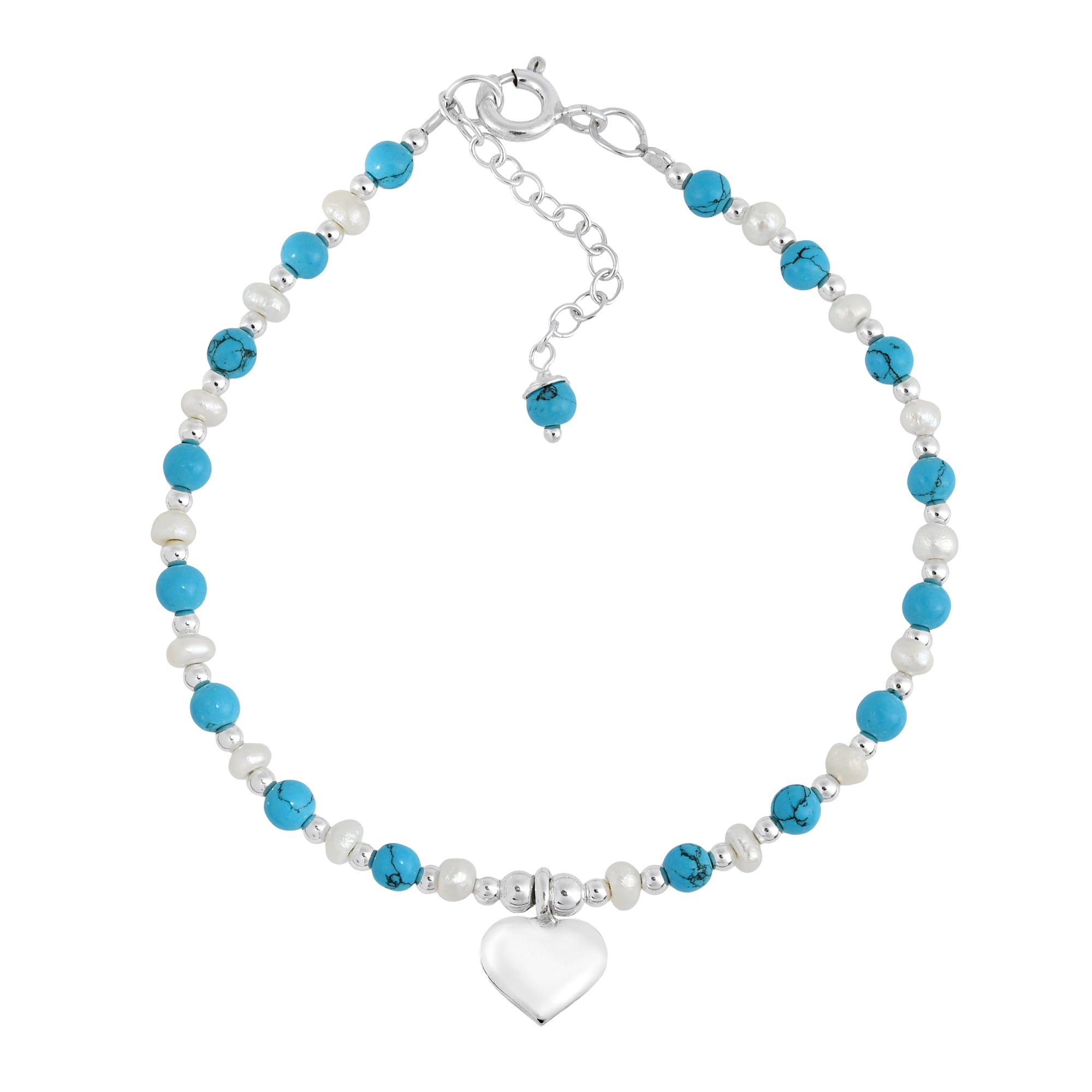 Sweet Heart Charm Blue Turquoise and Freshwater Pearl Sterling Silver Bracelet