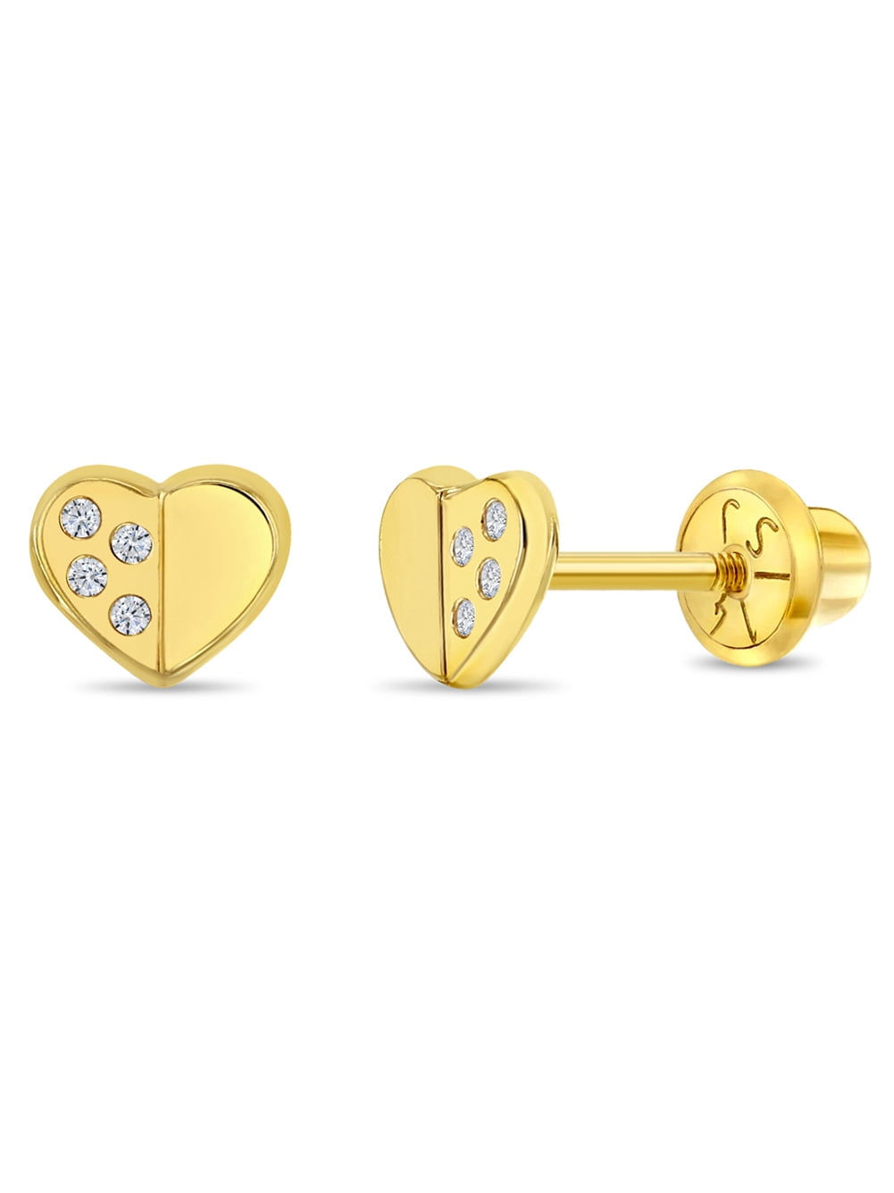 Sweet Heart Encrusted Clear Toddler Girls Earrings Safety Screw Back - 14k Gold