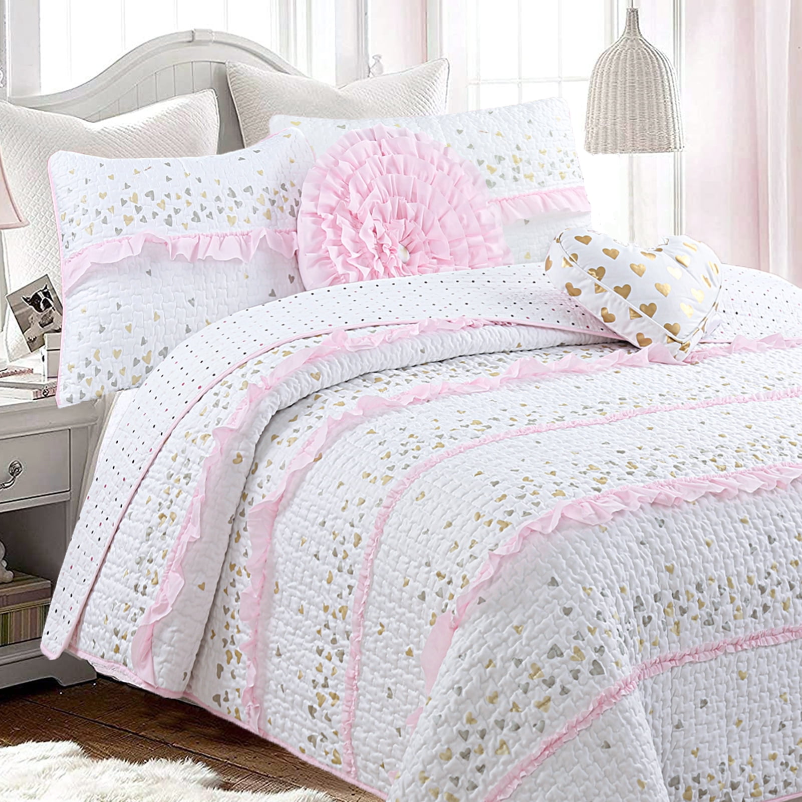 Pink and White Reversible Cotton Twin Quilt Set