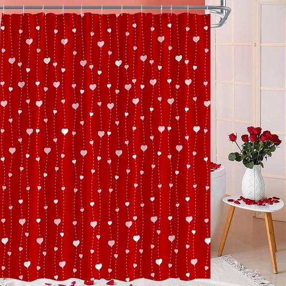 Sweet Heart Shower Curtain for Lover Pink Red Heart Valentine''s Day Falling Love Balloons Romantic Girls Couple Woman Modern Simple Holiday Home Decor Fabric Bathroom Curtain Set with Hook