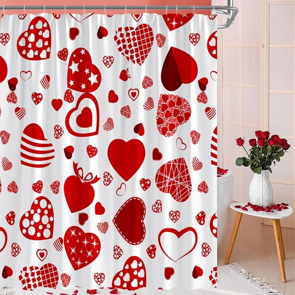 Sweet Heart Shower Curtain Valentine''s Day Falling Red Pink Heart Lovers Couple Wedding Marriage Girl Ladies Balloon Sweet Romantic Woman Happy Mother''s Fabric Bathroom Curtain Set with Hook