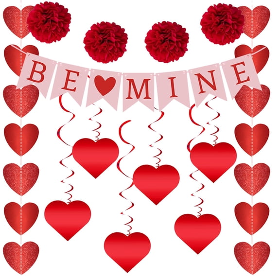 Sweet Heart Valentine's Day Garland – Pink Felt Hearts and Wooden Beads Banner, Farmhouse Style Wall Hanging for Mantel, Holiday Party Decor, for Valentine's & Romantic Celebrations(Red4,59x4")