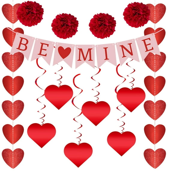 Sweet Heart Valentine's Day Garland – Pink Felt Hearts and Wooden Beads Banner, Farmhouse Style Wall Hanging for Mantel, Holiday Party Decor, for Valentine's & Romantic Celebrations(Red4,59x4")