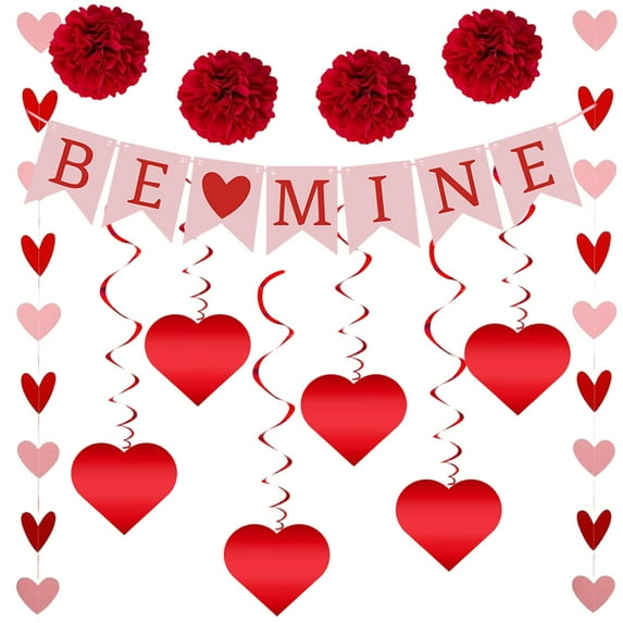 Sweet Heart Valentine's Day Garland – Pink Felt Hearts and Wooden Beads Banner, Farmhouse Style Wall Hanging for Mantel, Holiday Party Decor, for Valentine's & Romantic Celebrations(Red2,59x4")